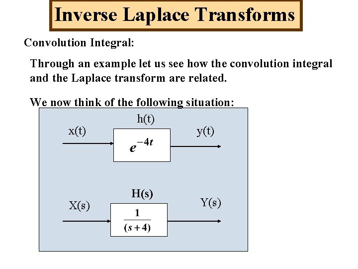 Inverse Laplace Transforms Convolution Integral: Through an example let us see how the convolution