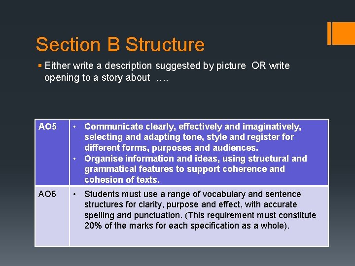 Section B Structure § Either write a description suggested by picture OR write opening