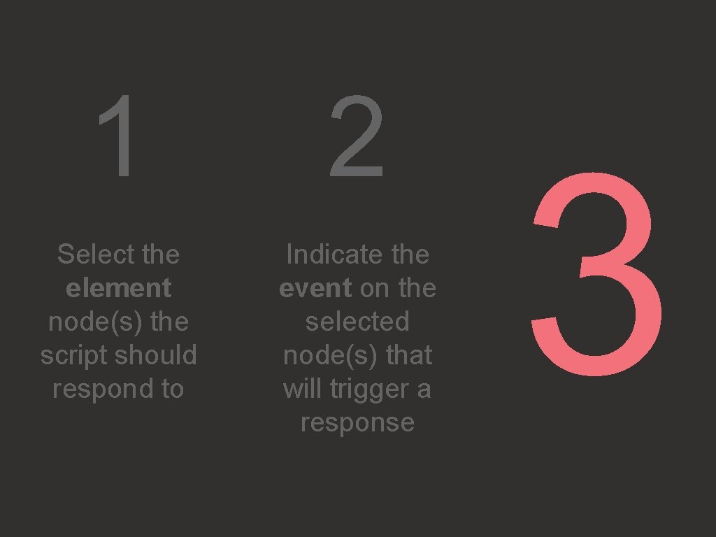 1 2 Select the element node(s) the script should respond to Indicate the event