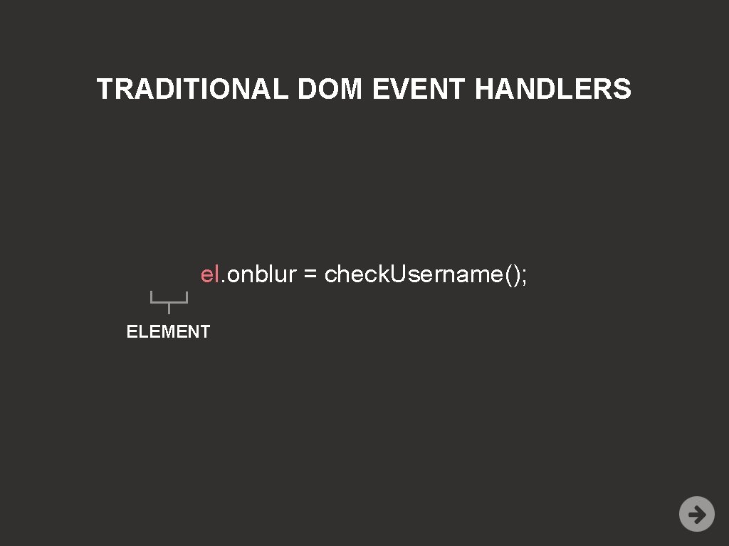 TRADITIONAL DOM EVENT HANDLERS el. onblur = check. Username(); ELEMENT 