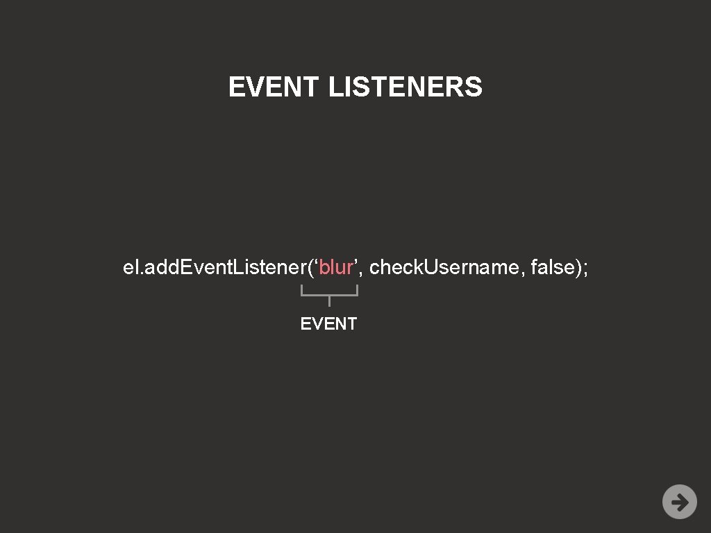 EVENT LISTENERS el. add. Event. Listener(‘blur’, check. Username, false); EVENT 