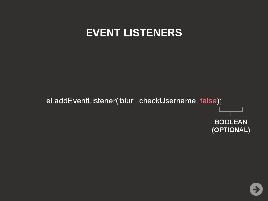 EVENT LISTENERS el. add. Event. Listener(‘blur’, check. Username, false); BOOLEAN (OPTIONAL) 