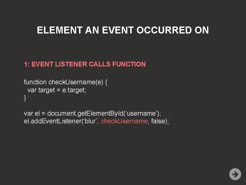 ELEMENT AN EVENT OCCURRED ON 1: EVENT LISTENER CALLS FUNCTION function check. Username(e) {