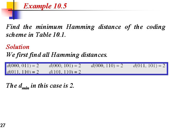 Example 10. 5 Find the minimum Hamming distance of the coding scheme in Table