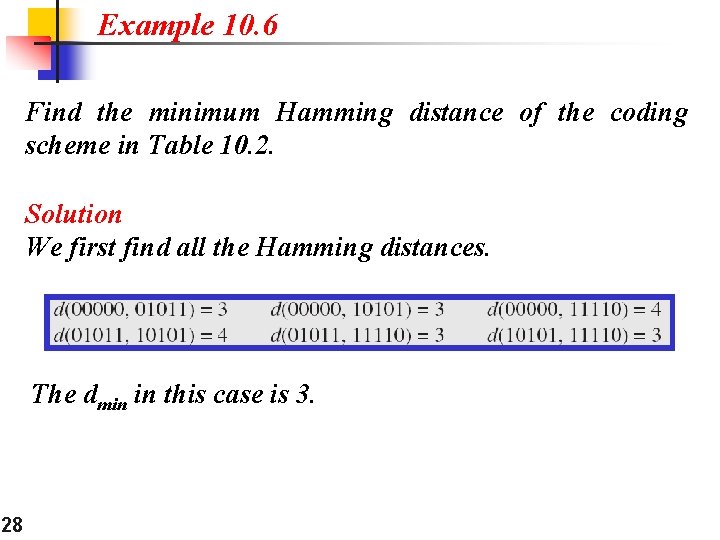 Example 10. 6 Find the minimum Hamming distance of the coding scheme in Table