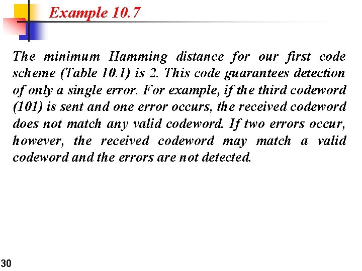 Example 10. 7 The minimum Hamming distance for our first code scheme (Table 10.