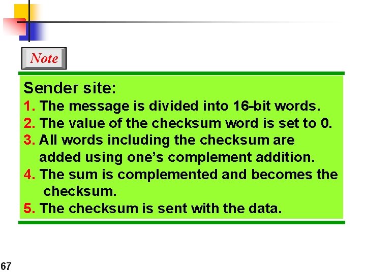 Note Sender site: 1. The message is divided into 16 -bit words. 2. The