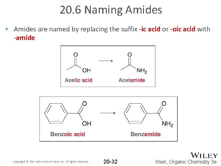 20. 6 Naming Amides • Amides are named by replacing the suffix -ic acid