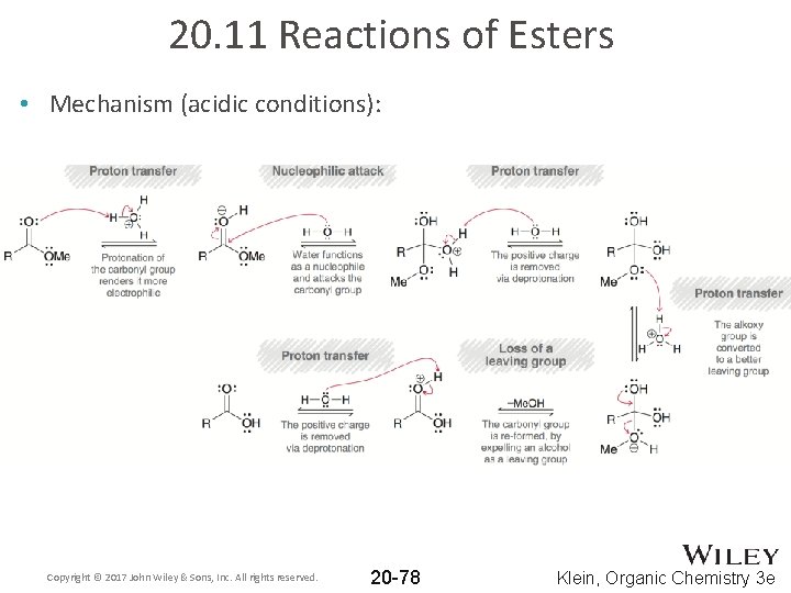 20. 11 Reactions of Esters • Mechanism (acidic conditions): Copyright © 2017 John Wiley