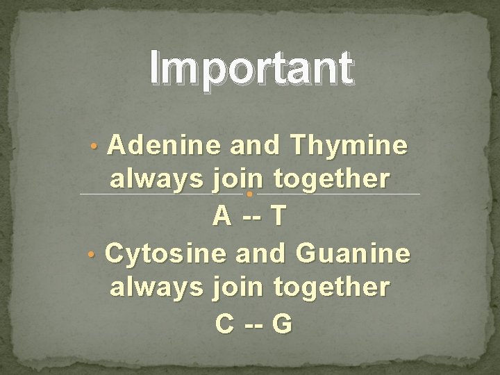 Important • Adenine and Thymine always join together A -- T • Cytosine and
