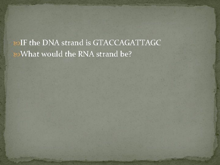  IF the DNA strand is GTACCAGATTAGC What would the RNA strand be? 