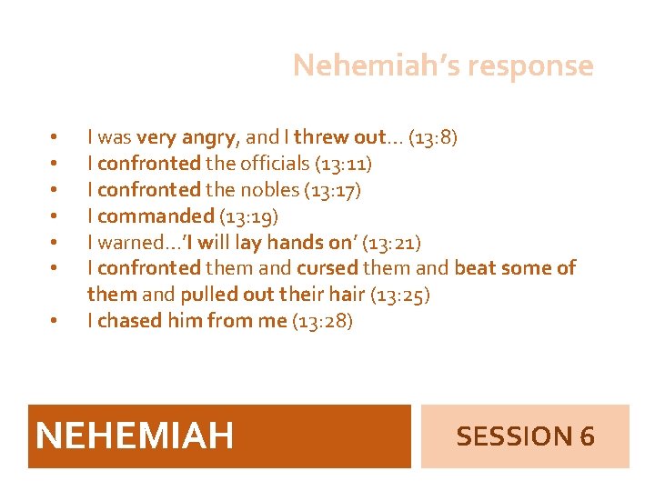 Nehemiah’s response • • I was very angry, and I threw out… (13: 8)