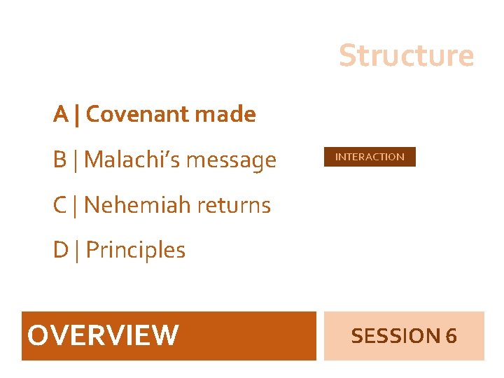 Structure A | Covenant made B | Malachi’s message INTERACTION C | Nehemiah returns