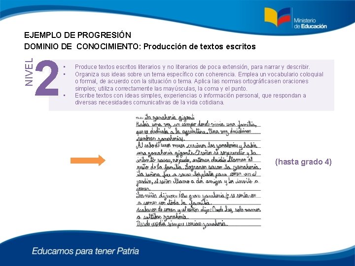 EJEMPLO DE PROGRESIÓN DOMINIO DE CONOCIMIENTO: Producción de textos escritos NIVEL 2 • •