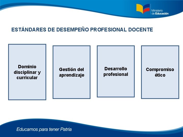 ESTÁNDARES DE DESEMPEÑO PROFESIONAL DOCENTE Dominio disciplinar y curricular Gestión del aprendizaje Desarrollo profesional