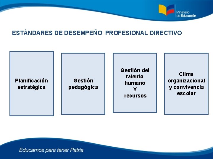 ESTÁNDARES DE DESEMPEÑO PROFESIONAL DIRECTIVO Planificación estratégica Gestión pedagógica Gestión del talento humano Y