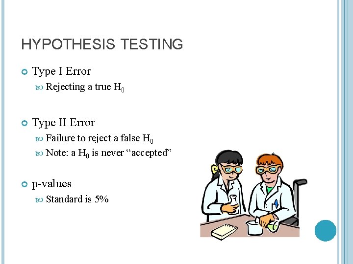 HYPOTHESIS TESTING Type I Error Rejecting a true H 0 Type II Error Failure