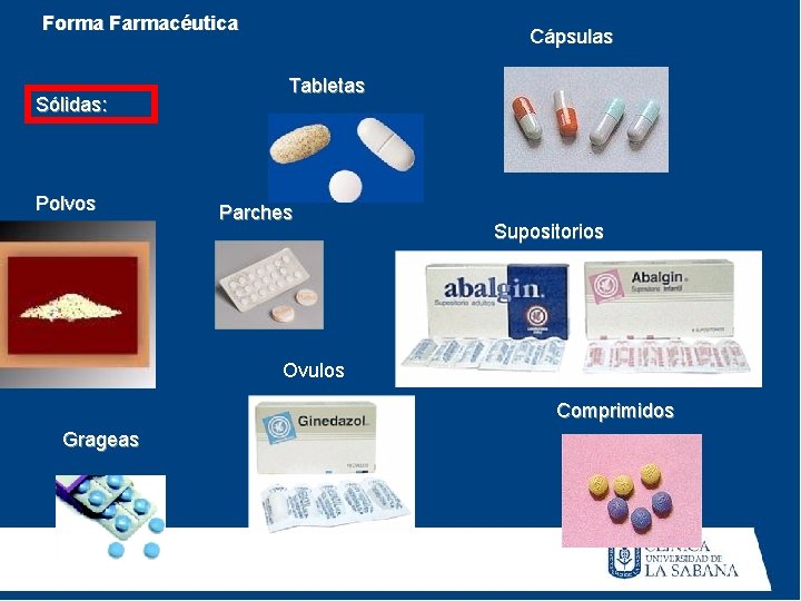 Forma Farmacéutica Sólidas: Polvos Cápsulas Tabletas Parches Supositorios Ovulos Comprimidos Grageas 