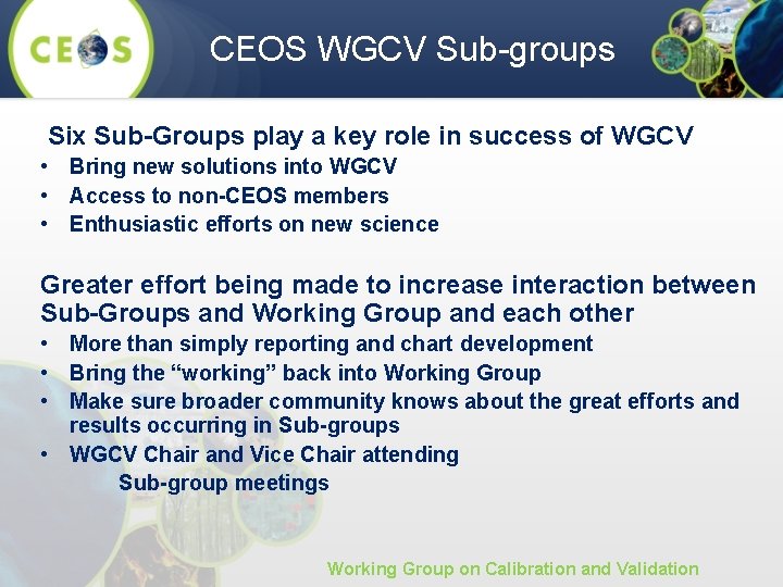 CEOS WGCV Sub-groups Six Sub-Groups play a key role in success of WGCV •