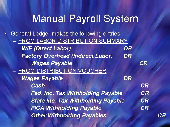 Manual Payroll System • General Ledger makes the following entries: – FROM LABOR DISTRIBUTION