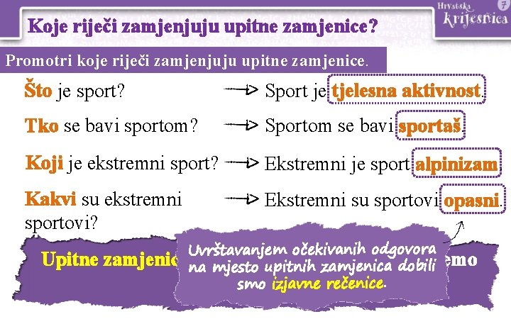 Koje riječi zamjenjuju upitne zamjenice? Promotri koje riječi zamjenjuju upitne zamjenice. Što je sport?