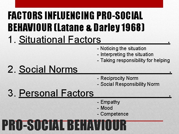 FACTORS INFLUENCING PRO-SOCIAL BEHAVIOUR (Latane & Darley 1968) 1. Situational Factors . - Noticing