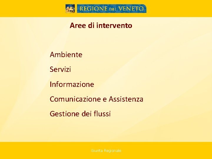 Aree di intervento Ambiente Servizi Informazione Comunicazione e Assistenza Gestione dei flussi Giunta Regionale