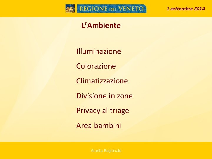 1 settembre 2014 L’Ambiente Illuminazione Colorazione Climatizzazione Divisione in zone Privacy al triage Area