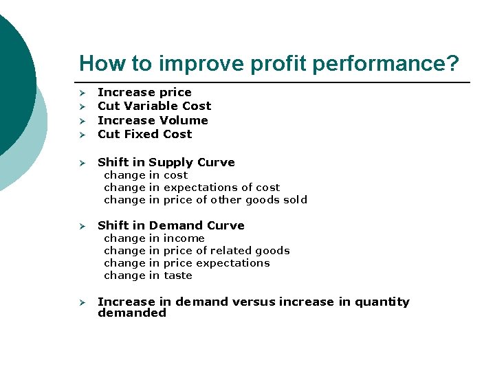How to improve profit performance? Ø Increase price Cut Variable Cost Increase Volume Cut How to improve profit performance? Ø Increase price Cut Variable Cost Increase Volume Cut
