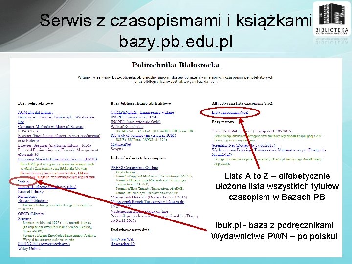 Serwis z czasopismami i książkami bazy. pb. edu. pl Lista A to Z –