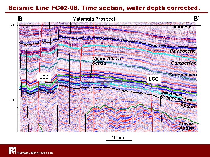 Seismic Line FG 02 -08. Time section, water depth corrected. B B` Matamata Prospect
