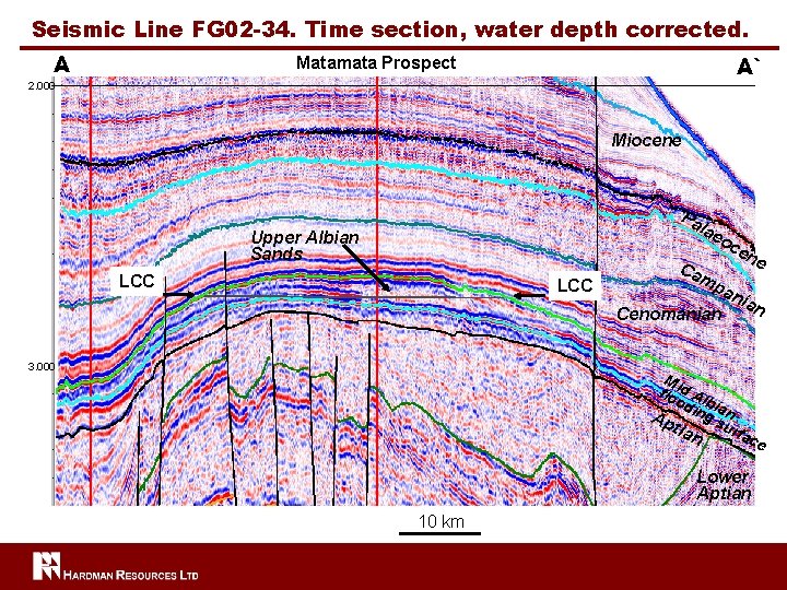 Seismic Line FG 02 -34. Time section, water depth corrected. A A` Matamata Prospect