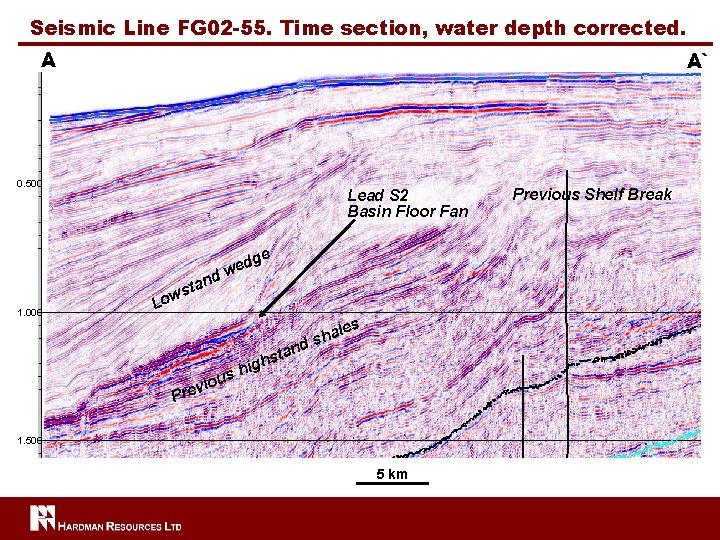Seismic Line FG 02 -55. Time section, water depth corrected. A A` 0. 500