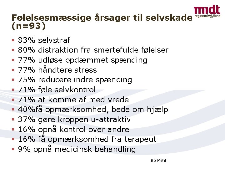 Følelsesmæssige årsager til selvskade (n=93) § § § 83% selvstraf 80% distraktion fra smertefulde