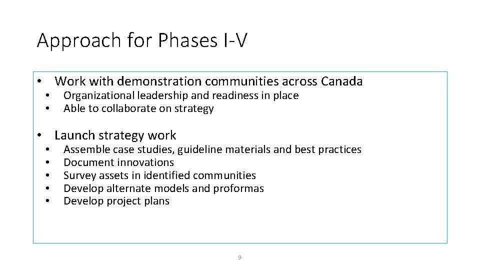 Approach for Phases I-V • Work with demonstration communities across Canada • • Organizational Approach for Phases I-V • Work with demonstration communities across Canada • • Organizational