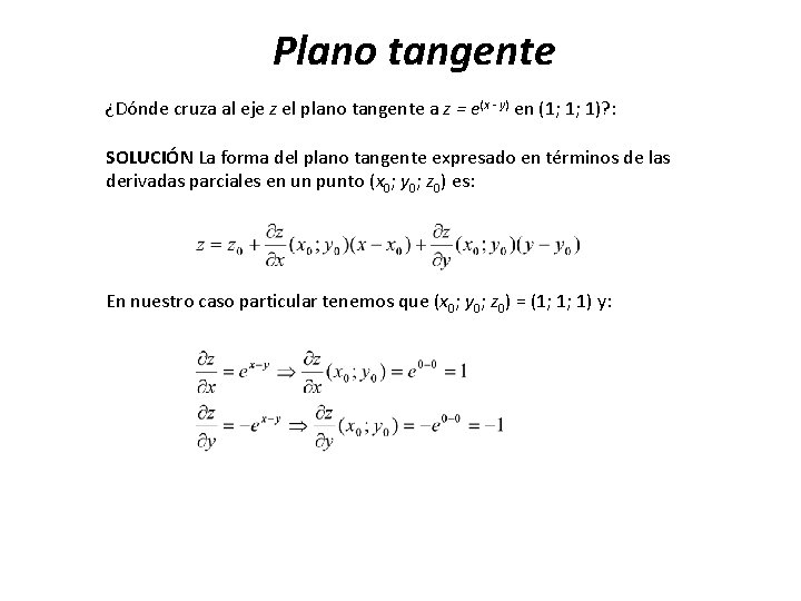 Plano tangente ¿Dónde cruza al eje z el plano tangente a z = e(x