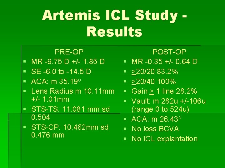 Artemis ICL Study Results § § § PRE-OP MR -9. 75 D +/- 1. Artemis ICL Study Results § § § PRE-OP MR -9. 75 D +/- 1.