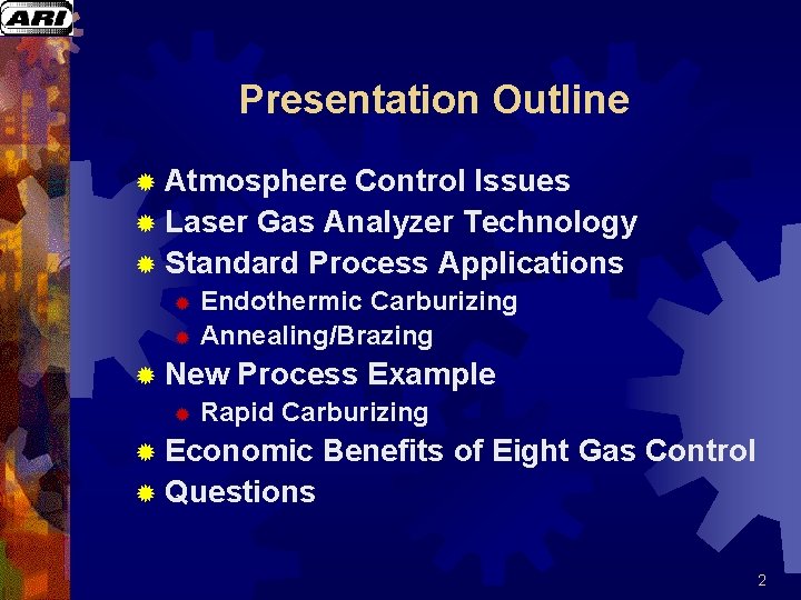 Presentation Outline ® Atmosphere Control Issues ® Laser Gas Analyzer Technology ® Standard Process