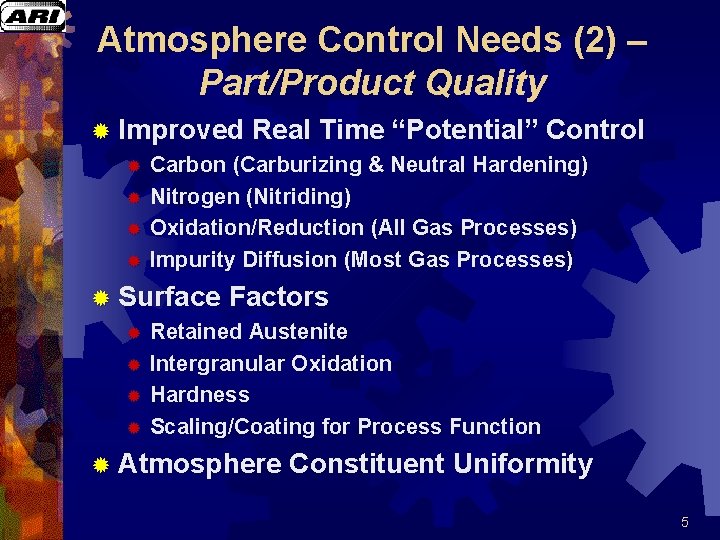 Atmosphere Control Needs (2) – Part/Product Quality ® Improved Real Time “Potential” Control ®