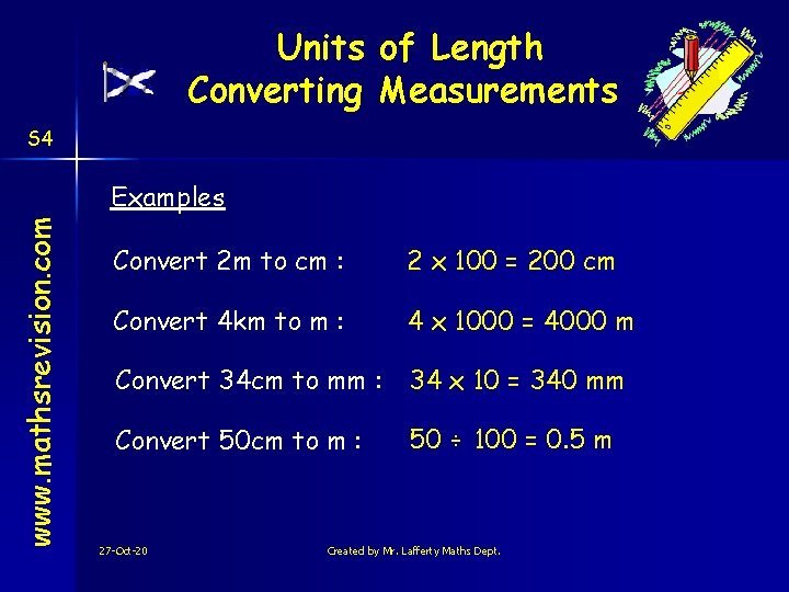 Units of Length Converting Measurements S 4 www. mathsrevision. com Examples Convert 2 m