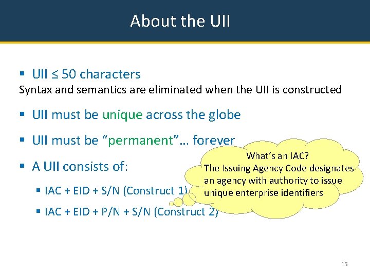 About the UII § UII ≤ 50 characters Syntax and semantics are eliminated when