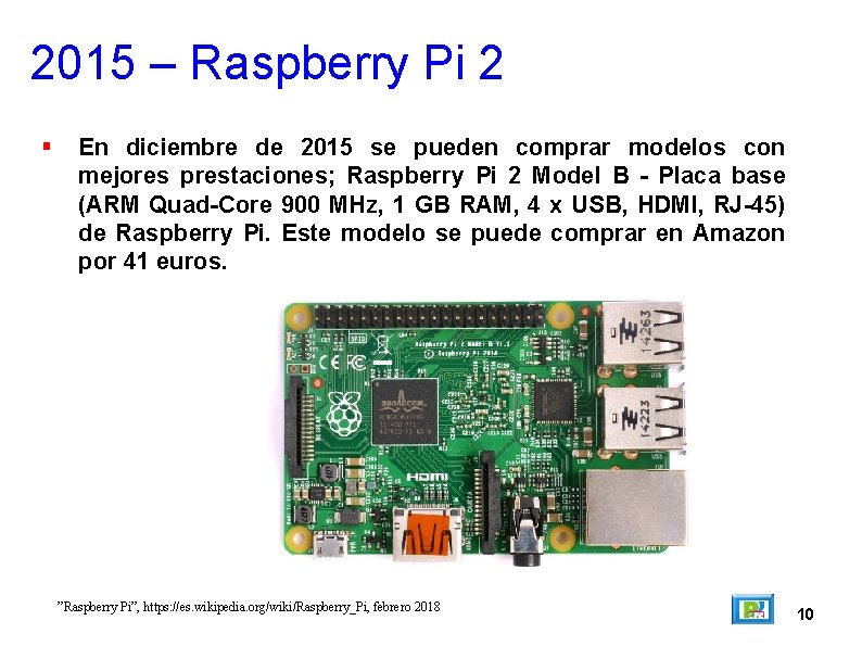 2015 – Raspberry Pi 2 En diciembre de 2015 se pueden comprar modelos con