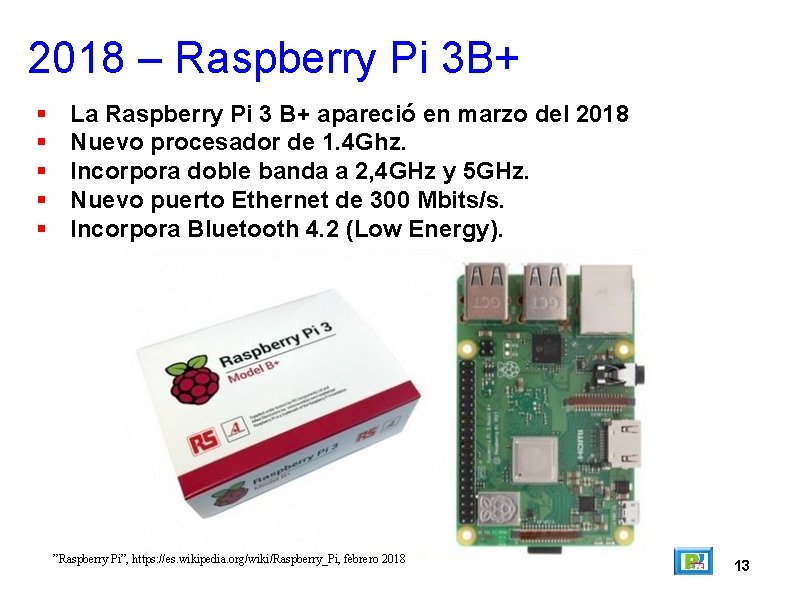 2018 – Raspberry Pi 3 B+ La Raspberry Pi 3 B+ apareció en marzo