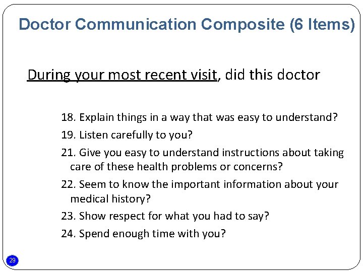 Doctor Communication Composite (6 Items) During your most recent visit, did this doctor 18.