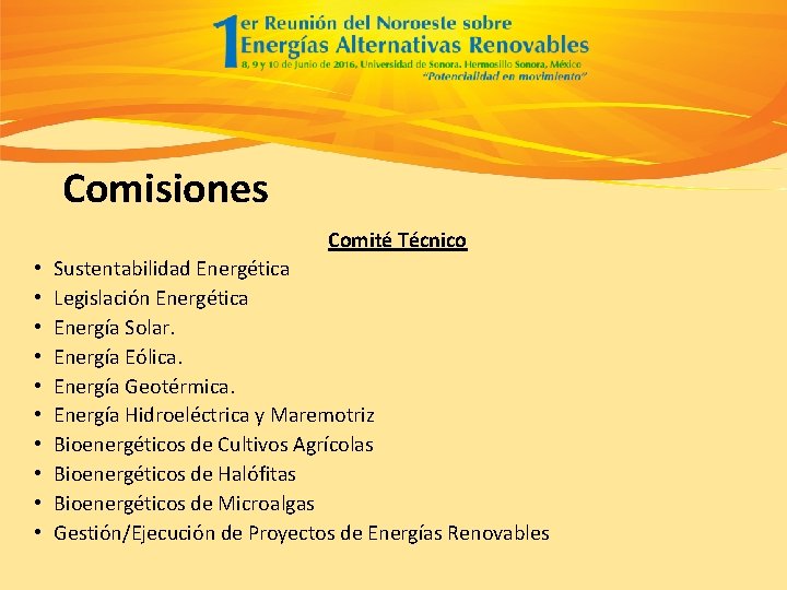 Comisiones Comité Técnico • • • Sustentabilidad Energética Legislación Energética Energía Solar. Energía Eólica.