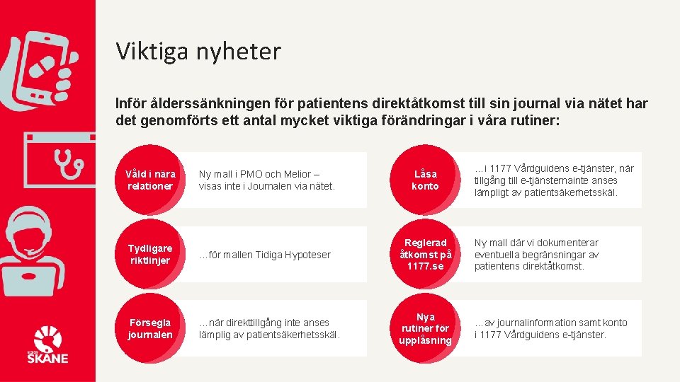 Viktiga nyheter Inför ålderssänkningen för patientens direktåtkomst till sin journal via nätet har det