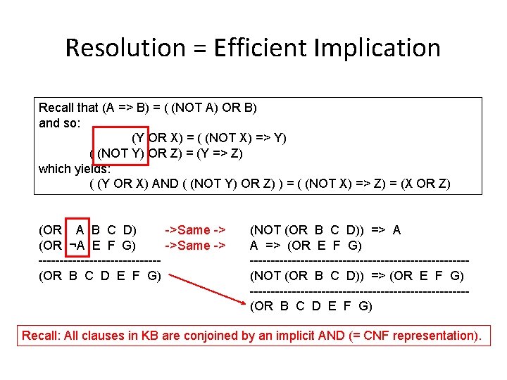 Resolution = Efficient Implication Recall that (A => B) = ( (NOT A) OR