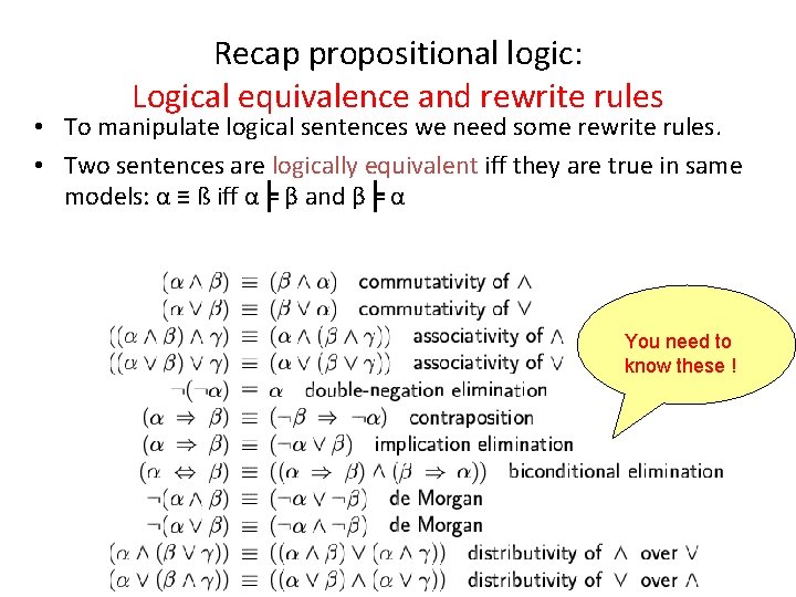 Recap propositional logic: Logical equivalence and rewrite rules • To manipulate logical sentences we