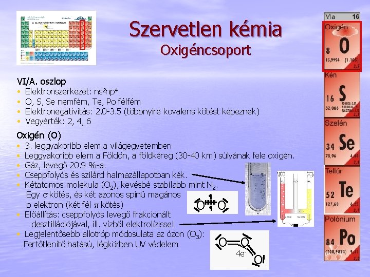 Szervetlen kémia Oxigéncsoport VI/A. oszlop • • Elektronszerkezet: ns 2 np 4 O, S,