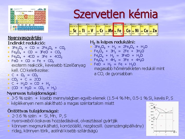 Szervetlen kémia Nyersvasgyártás: Indirekt redukció: • • 3 Fe 2 O 3 + CO